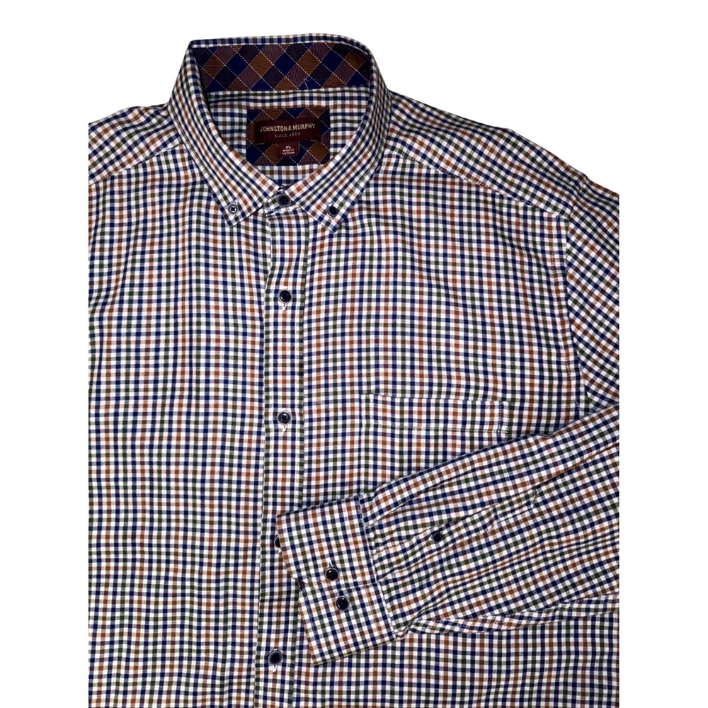 Johnston & Murphy Mens XL Long Sleeve Button Down Gingham Shirt Blue Green Brown